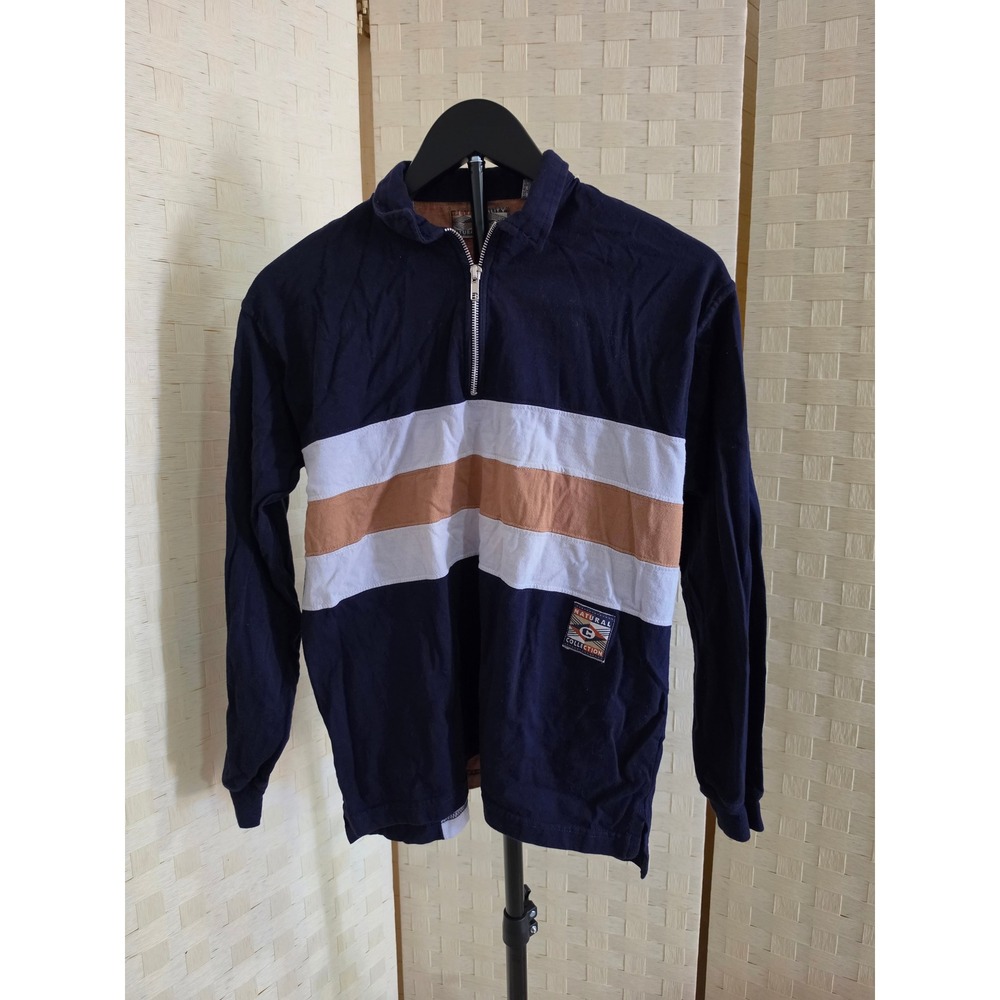 Natural Collection Boys Large 14/16 Rugby Shirt Navy Blue Striped Quarter Zip